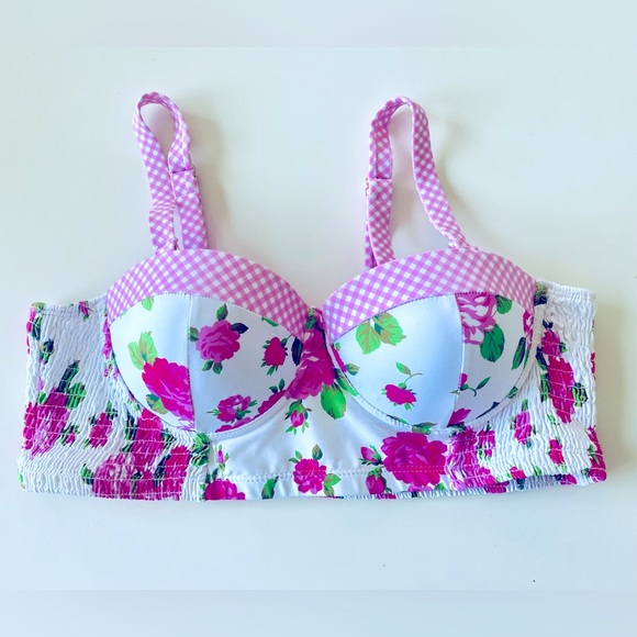 Betsey Johnson Other - NWOT BETSY JOHNSON Pink Floral Gingham Corset Inspired Smocked Bikini Swim Top